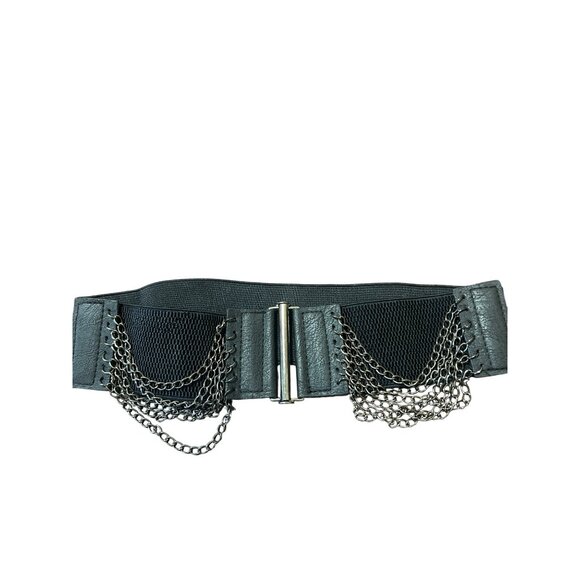 Gothic Black Elastic Waist Belt With Chains Metal Clasp Closure Cinch Waist NWT - Picture 2 of 5